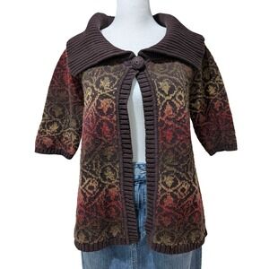 DKNY JEANS Brown Multi-Color Patterned Knit‎ Cardigan Sweater Collared L Grandma